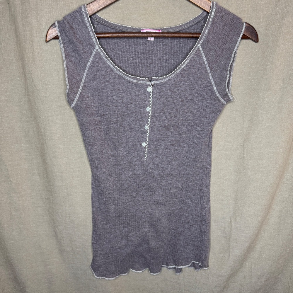 Energie Vintage Y2K Ribbed Henley Tank Top Lettuce Edge Large Preppy Bella Swan